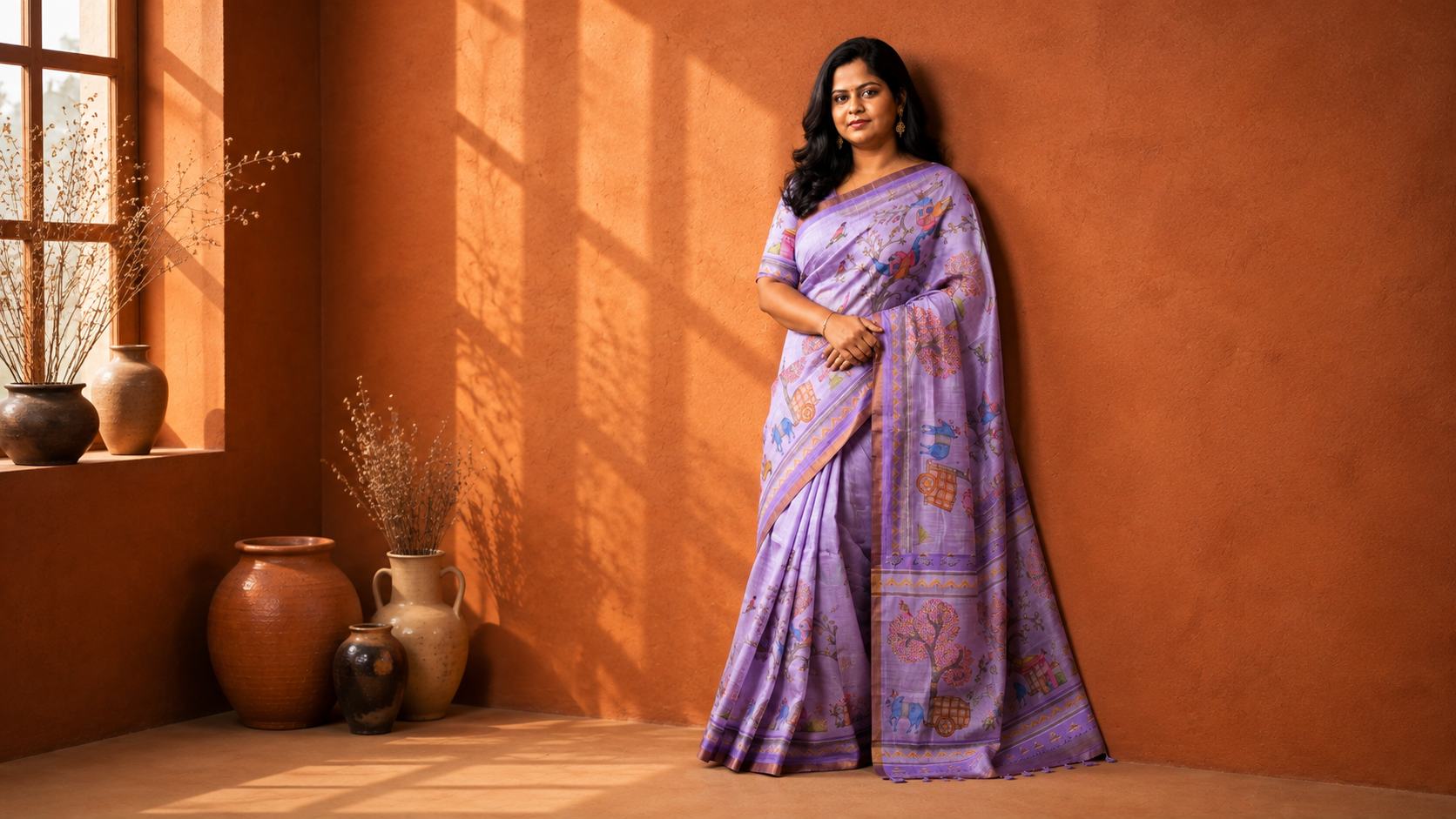 Woman in a lilac printed saree against a terracotta wall